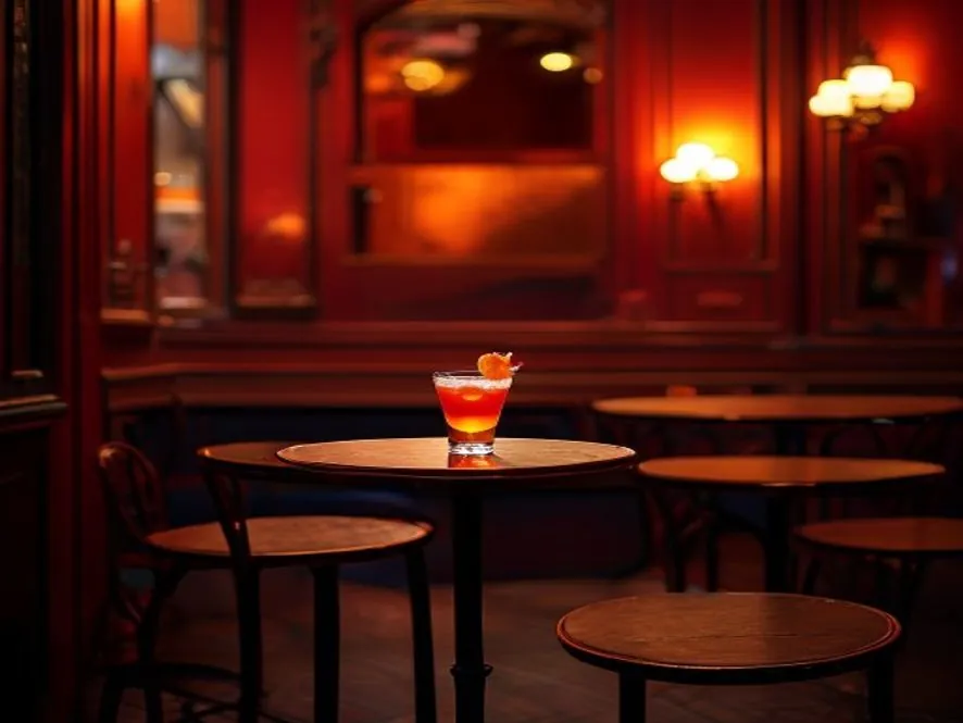 Cocktail posé sur une petite table du café-théâtre Défonce de Rire, ambiance chaleureuse