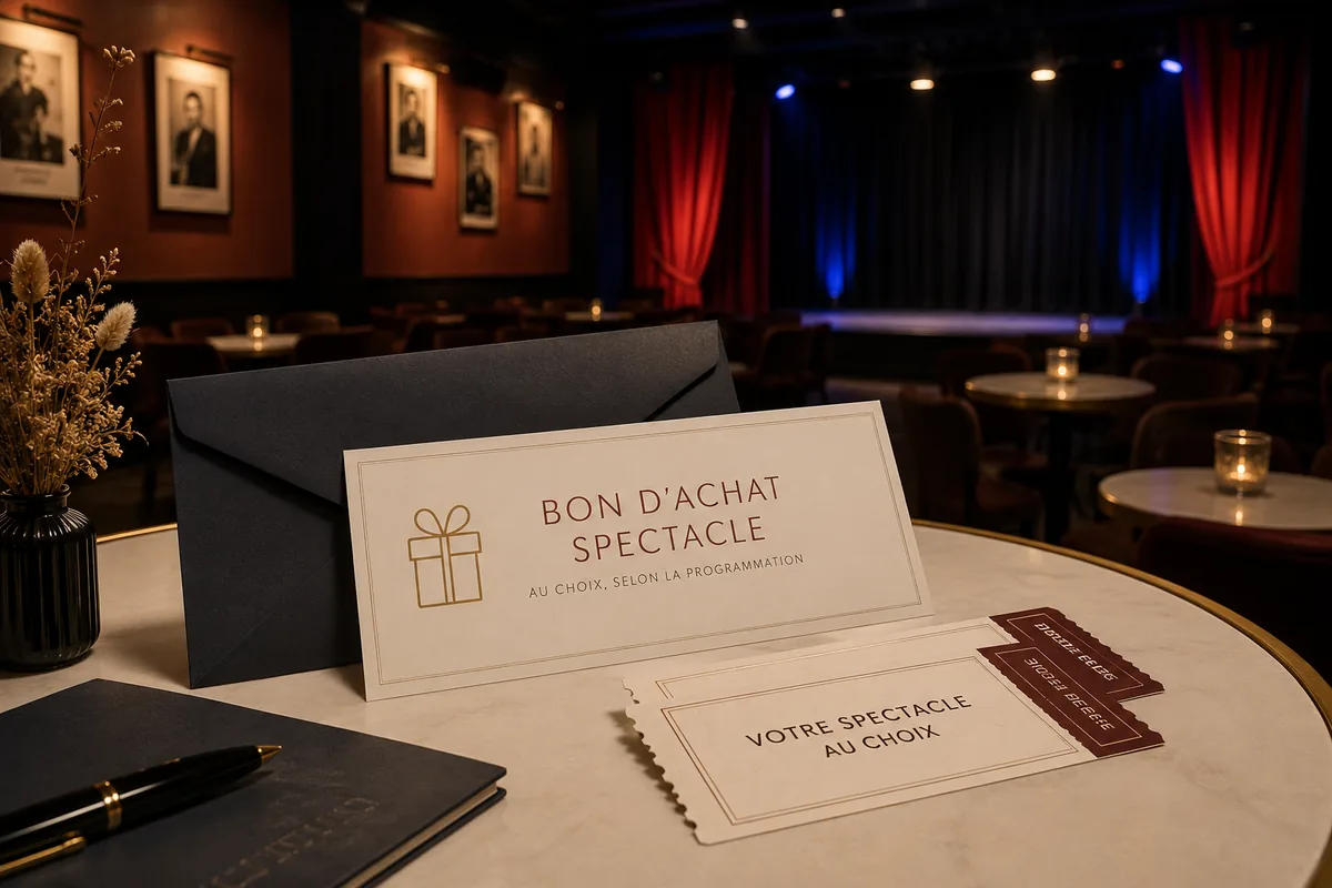 Bon d'achat spectacle Défonce de Rire à offrir : carte cadeau, enveloppe et billet « votre spectacle au choix » dans la salle du café-théâtre