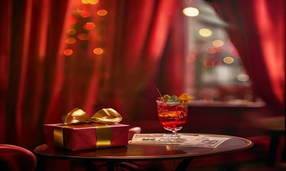 Coffret cadeau, billets de spectacle et boisson sur une table de café-théâtre à Clermont-Ferrand