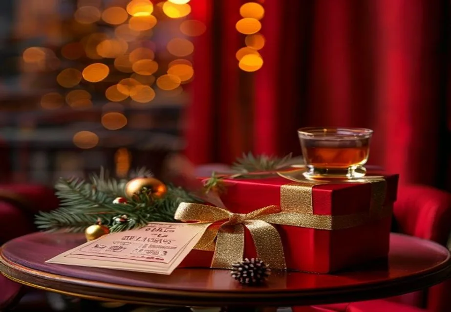 Coffret cadeau de Noël, billets de spectacle et ambiance chaleureuse rouge et ambrée du café-théâtre